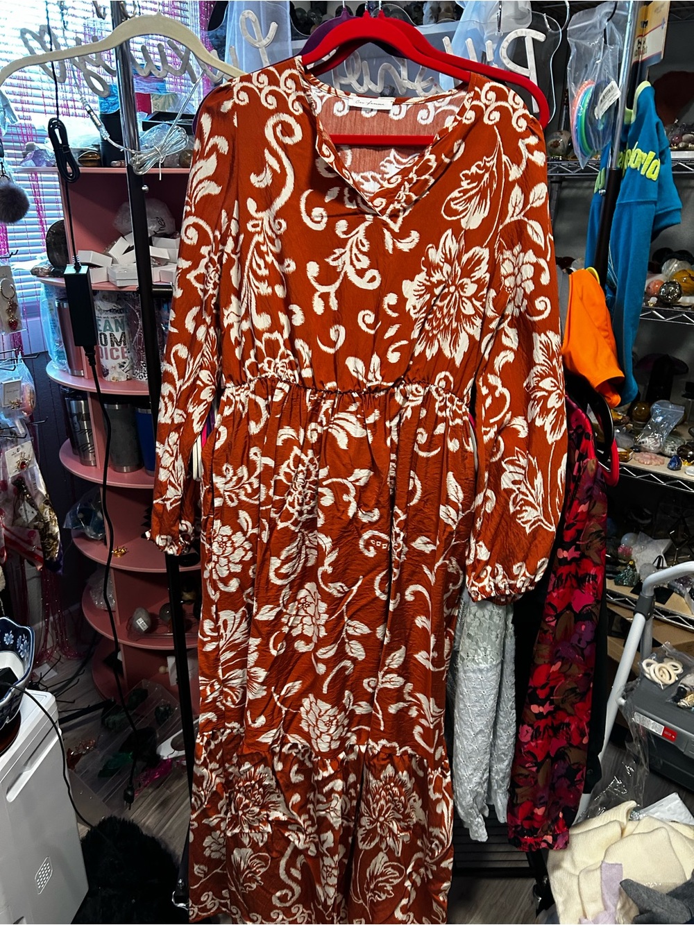 Source Unknown Rust Maxi Dress with White Floral Print